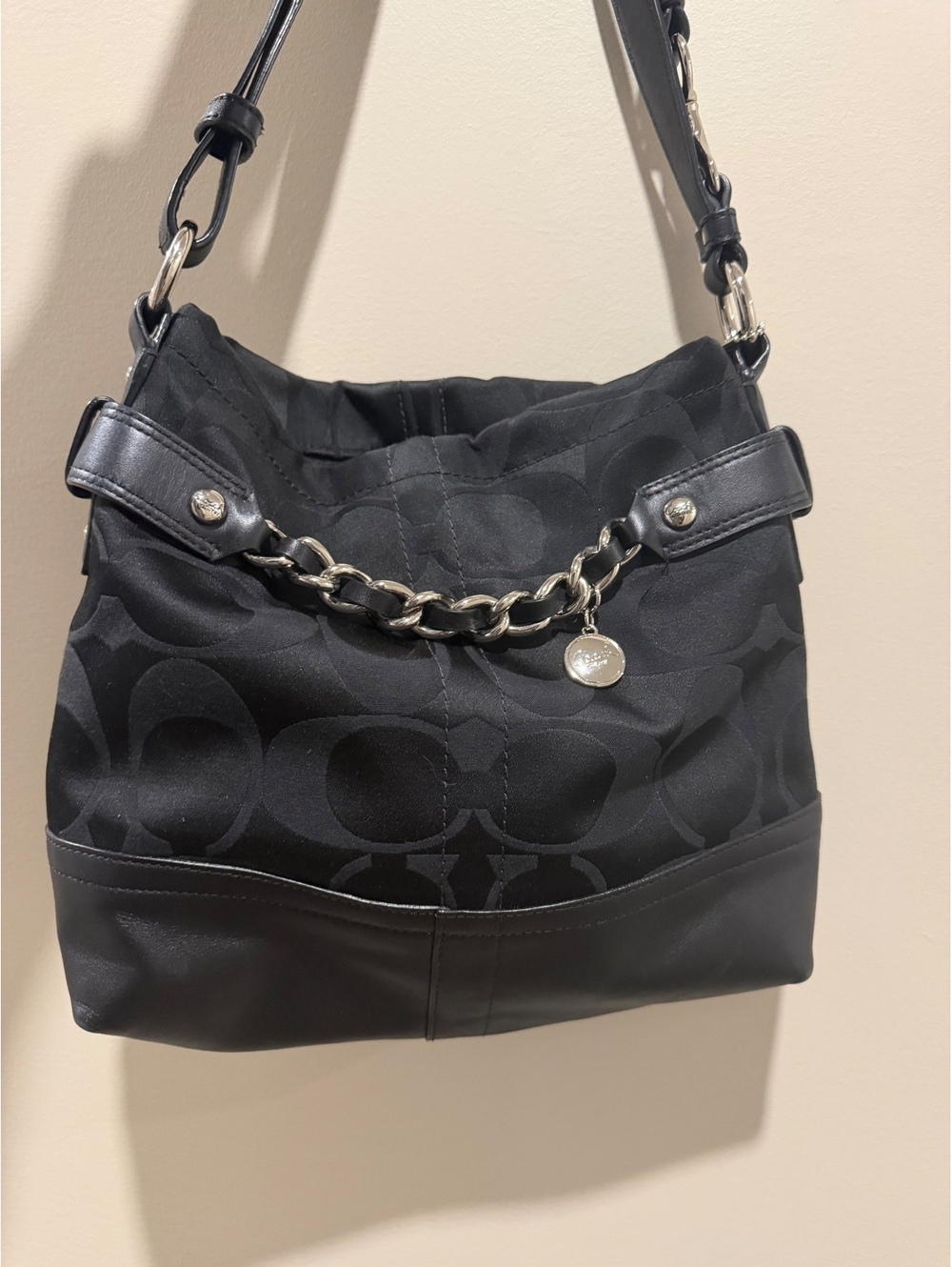 Coach Black Signature Jacquard Leather Trim Chain Hobo Shoulder Bag Y2K